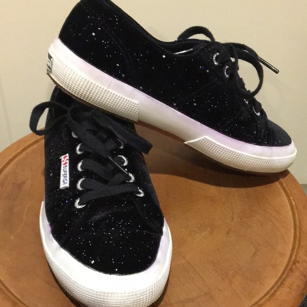 SUPERGA unisex lace up Black Velvet Glitter Sneaker shoe Size 36 (6W/ 4.5M)